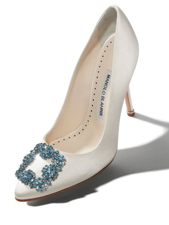 Manolo Blahnik Shoes - Manolo Blahnik HANGISI Bridal 90 White Satin Jewel Buckle Pumps (MSRP: $1475)